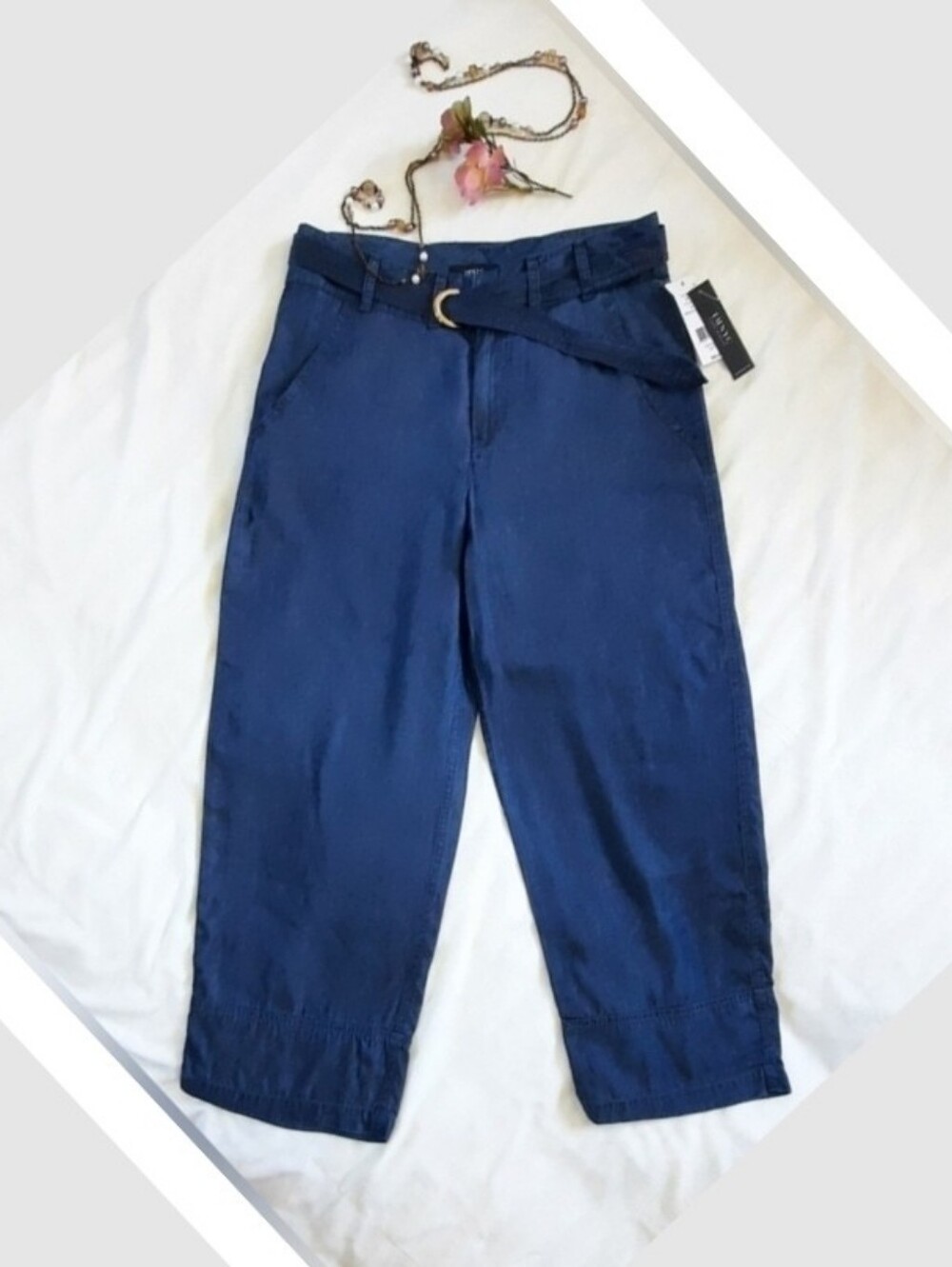 NWT IMNYC Navy Blue Ankle Crop Lyocel Pants, Slight Barrel Leg Style